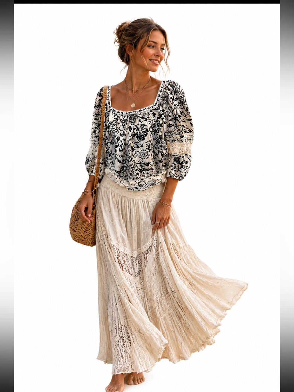 Boho Floral Crochet Trim Cropped Top - Cream & Black